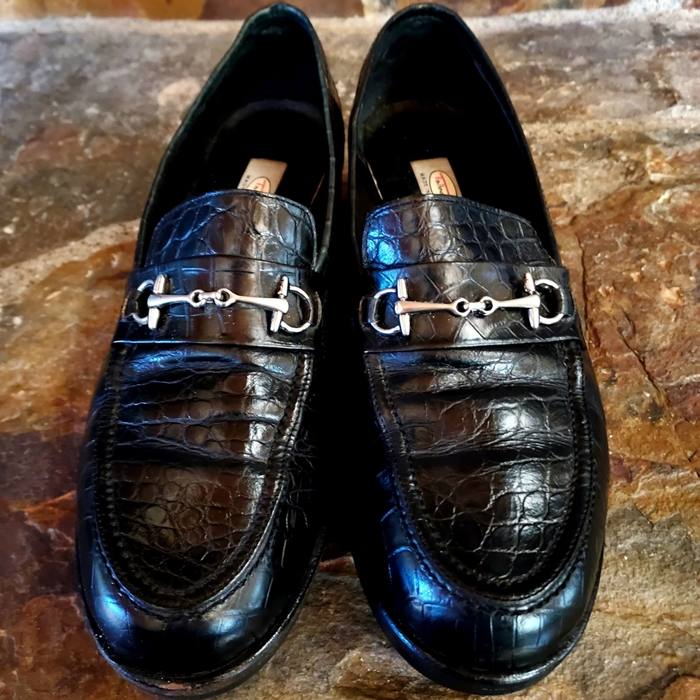 Talbots Black Leather Faux Crocodile Loafers with Silver Horsebit Detail